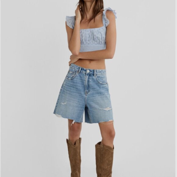 Stradivarius Black Eyelet Ruffle Crop Top (Size S) New Without Tags 🖤 - Picture 8 of 12